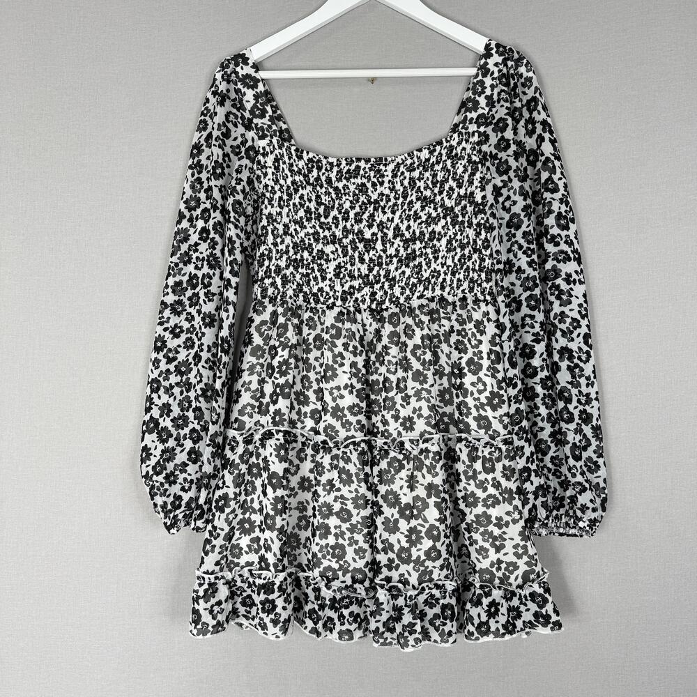Aakaa Womens Dress Large Black Floral Babydoll Smocked Tiered Feminine Dainty